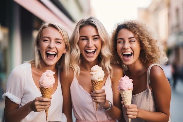 A gathering of joyful women enjoying ice cream outdoors Generative Ai