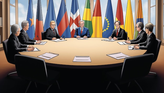 사진 유엔 둥근 테이블을 둘러싼 7명의 대통령들의 모임