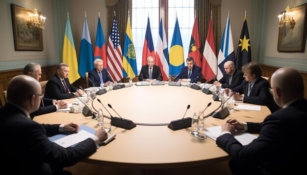 Photo gathering of seven presidents around the round un table