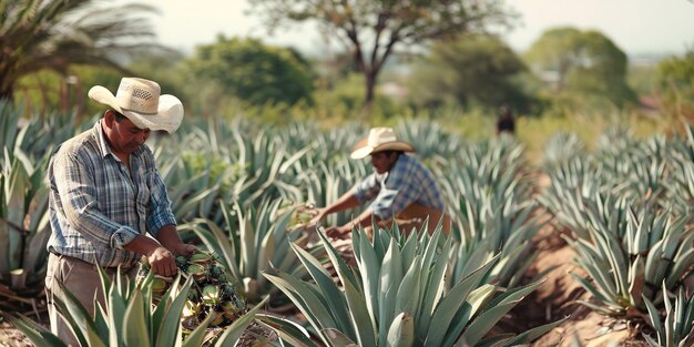 Photo gathering the succulent plant agave in the country of mexico