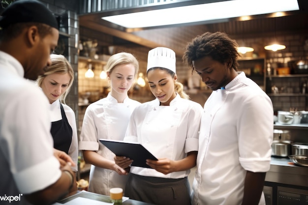 Foto un raduno di vari individui in piedi insieme in una cucina cuoco femminile medio adulto che tiene in mano un tablet digitale mentre discute con la squadra in cucina ai generato