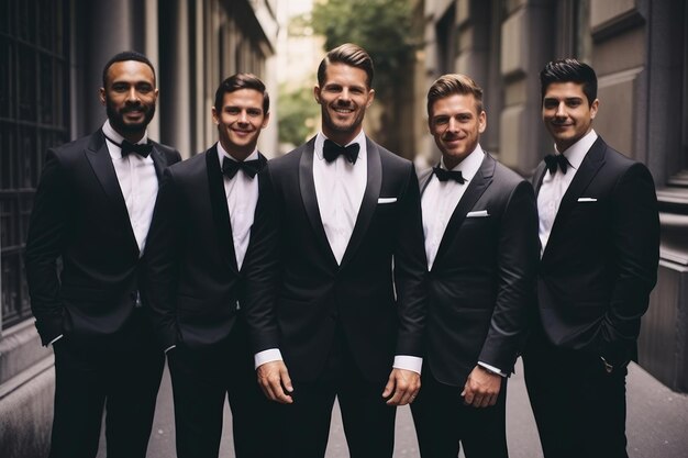 Photo a gathering of welldressed men smiling for a photograph at a formal event groomsmen in dapper black suits and bow ties ai generated