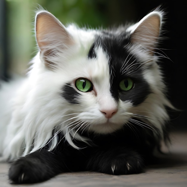 gato blanco y negro con ojos verdes y una mirada penetrante de pelo voluminoso generated by AI