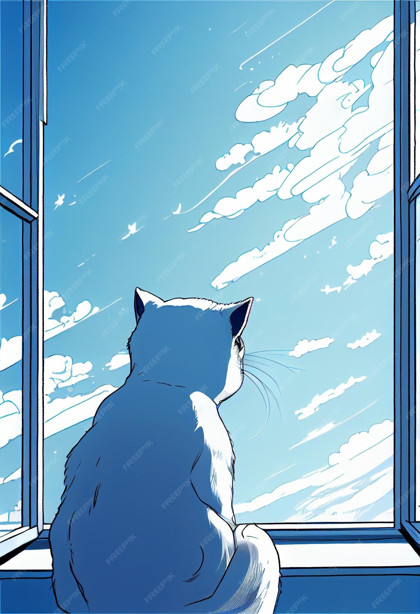 Premium Photo  Gato manga anime, comic, mirando por la ventana