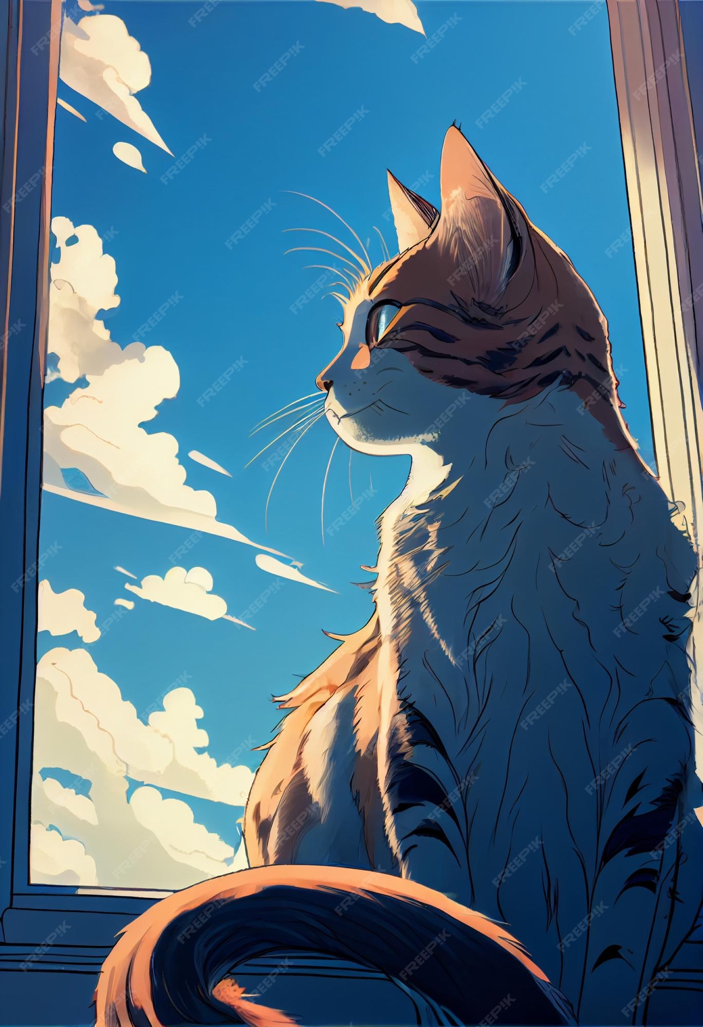 Premium Photo  Gato manga anime, comic, mirando por la ventana