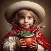 Photo gaucho child wearing a hat and drinking chimarro farroupilha week ai generated