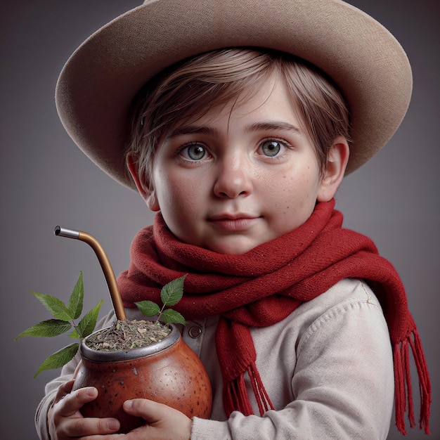 Gaucho-kind met hoed en rode sjaal met een chimarro Farroupilha week AI gegenereerd