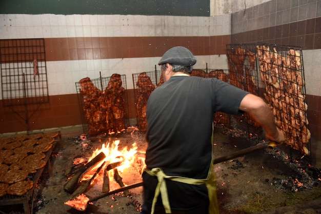 Gaucho roast barbecue sausage and cow ribs traditional argentine cuisine Patagonia Argentina