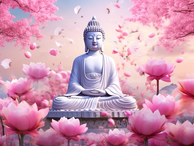 Buddha Poster Zen Meditation Buddha Holding Pink Lotus Flowers
