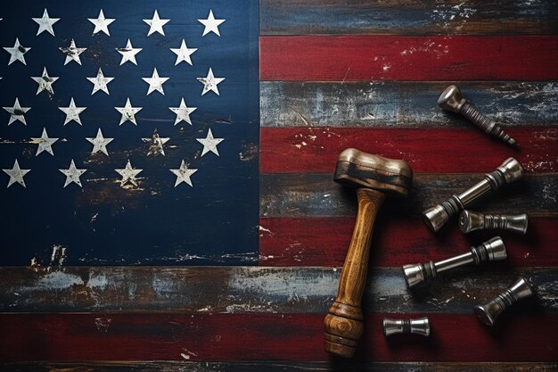 Photo gavel on the american flag background law and justice concept labor day concept