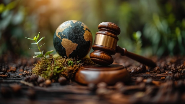 Photo gavel and green eco earth globe international law and green energy concept generative ai