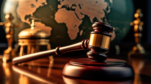 gavel of law on table top with world map in blur background beautiful Generative AI AIG32