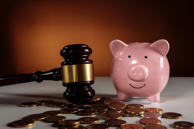 Gavel and pink piggy bank with coins