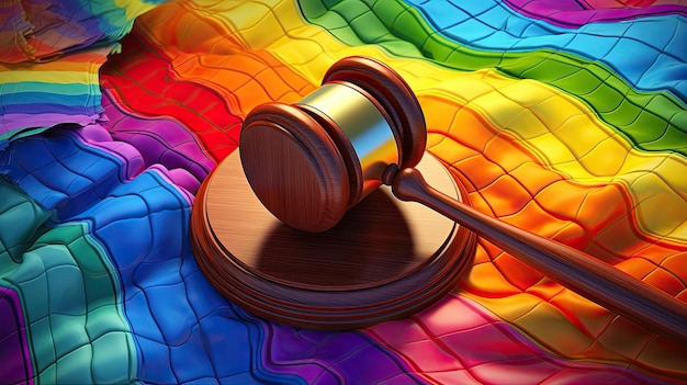 a gavel on a rainbow flag