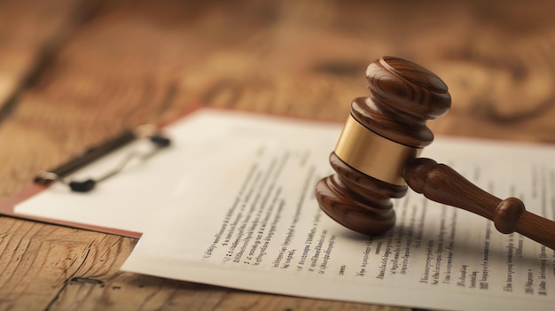 Photo a gavel resting on a legal document the gavel is made of wood