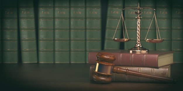 Gavel and scale on the background of vintage lawyer books Concept of law and justice