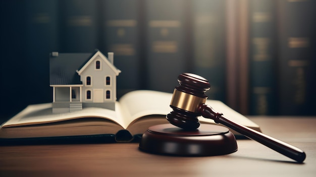 gavel and small house model on office table for restate and law concept