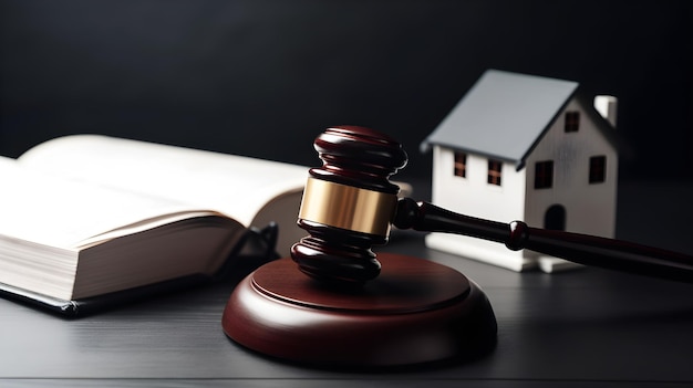 gavel and small house model on office table for restate and law concept