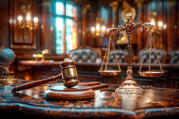 Photo a gavel on a table with the word justice on it