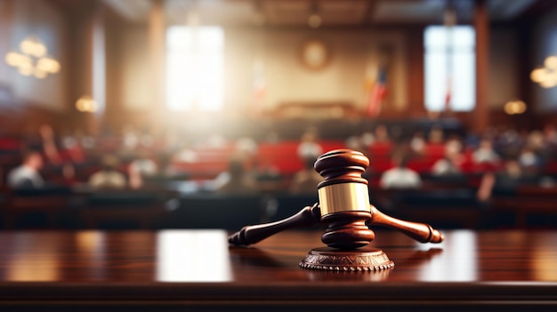 A gavel on a tabletop with blur background of court
