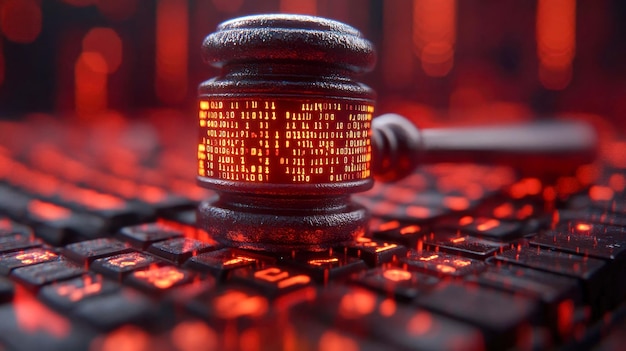 a gavel with binary code symbols placed on a glowing keyboard representing cyber law and justice
