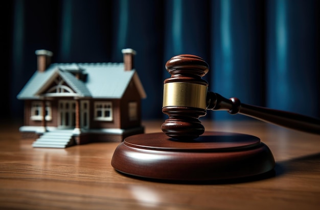 Gavel with model house on a table with home insurance and law home concept