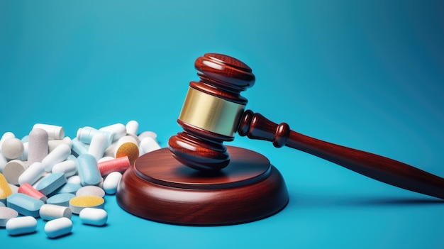 Photo gavel with pills medical concept medical law and crime created with generative ai technology