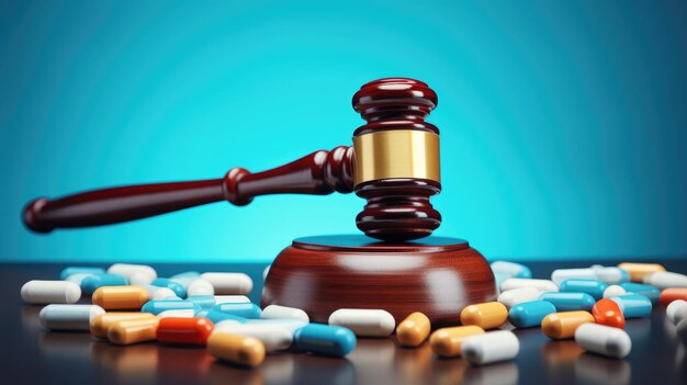 Gavel with pills medical concept Medical law and crime created with Generative AI technology