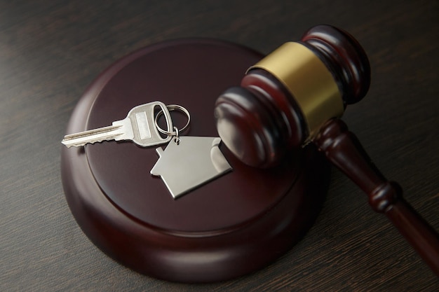 Gavel wooden and house for home buying or selling of bidding or lawyer of home real estate