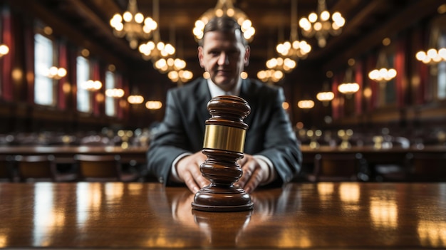 A Gavel on wooden table with copy space Court background