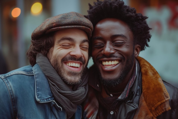 Gay couple afro american and white man embrance laughing giant smile in love