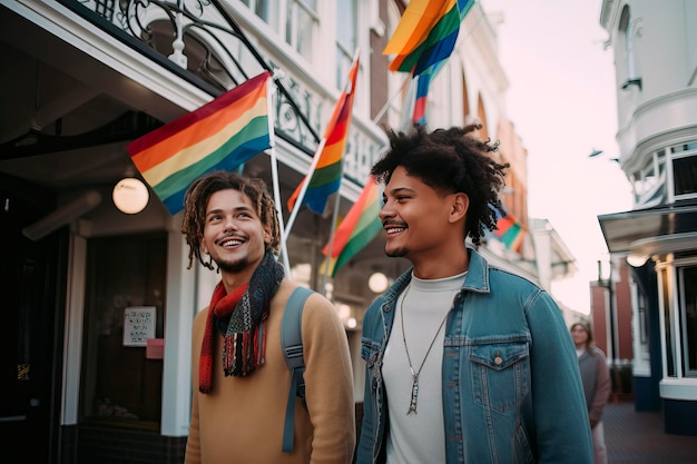 Gay couple having a tender moment with LGBT rainbow flag outdoors