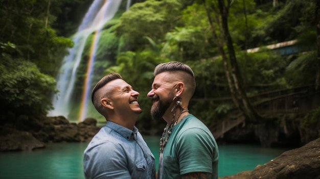 Gay Couple Laughing by Lake with Waterfall and Rainbow Generative AI