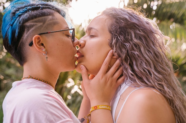 Photo gay couple in love. young women having a lesbian relationship.