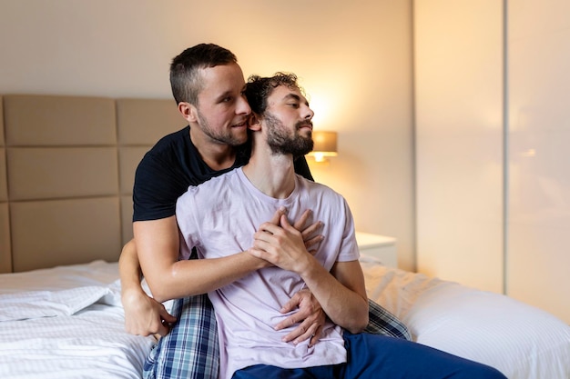 Gay couple sharing a special moment in the morning homosexual tenderness gay couple love home concept