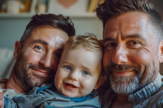 Foto coppia gay e figlio che si godono il tempo in famiglia insieme