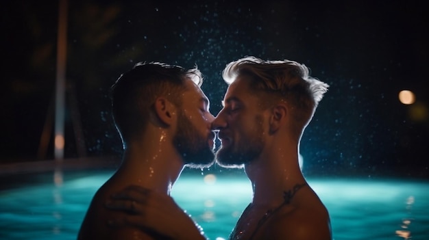 Gay couple unwinding in the pool at night LGBT Two young males cuddling and kissing one other Generative AI young males with romantic families