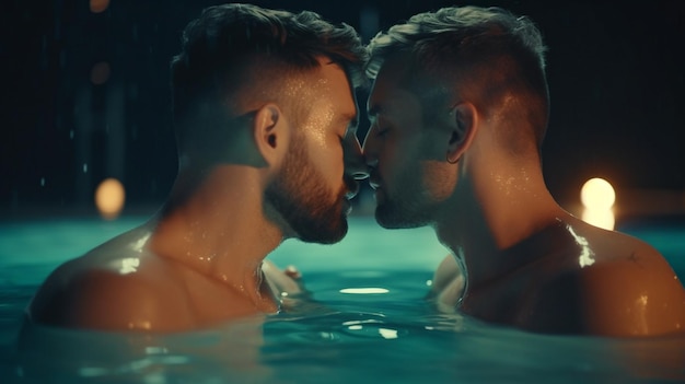 밤에 수영장에서 긴장을 풀고 있는 게이 커플 LGBT 두 젊은 남성이 다른 한 명을 껴안고 키스 로맨틱한 가족과 함께 있는 생성 AI 젊은 남성