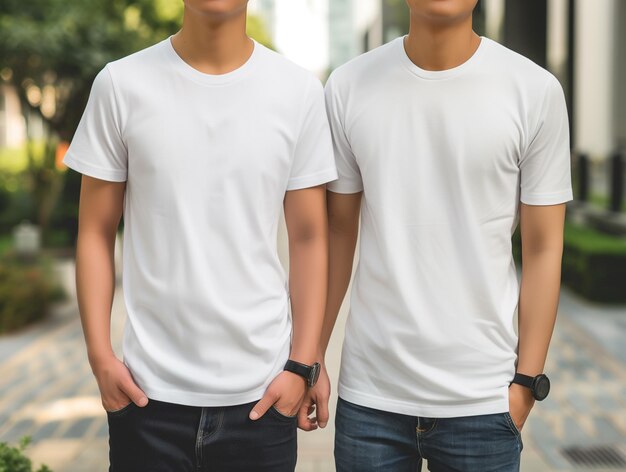 Photo a gay couple wearing blank white matching tshirts mockup for design template in city street