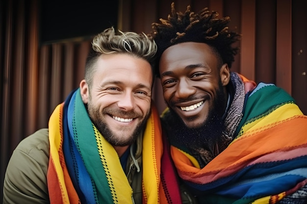 A gay couple with a rainbow flag The concept of LGBTQ