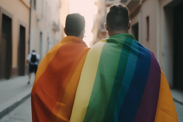 Gay couple with rainbow LGBT flag on gay pride parade