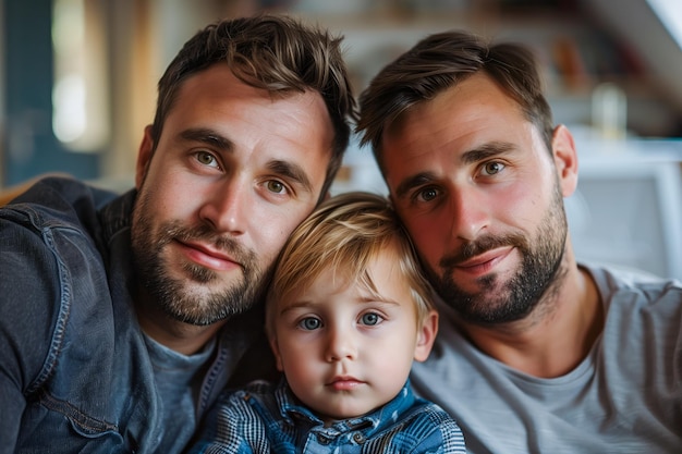 Foto coppia gay con un figlio piccolo a casa