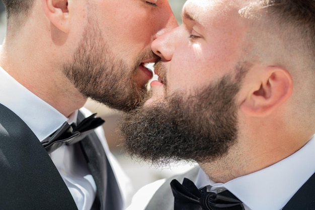 Gay kiss on wedding marriage gay couple tender kissing close up portrait of gay kissed portrait of h