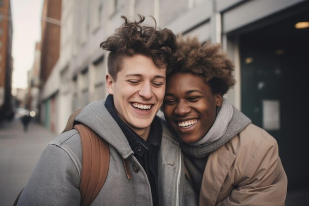 Foto gay koppel gelukkige uitdrukking buiten in een stad ai gegenereerd