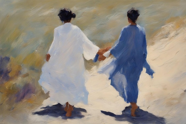 Любящая гей-пара гуляет под руку по пляжу Романтическая открытая иллюстрация смешанной расы