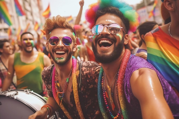 상파울루의 프라이드에서 레인보우 색상의 옷을 입고 웃고 있는 게이 남성 커플 AI 생성