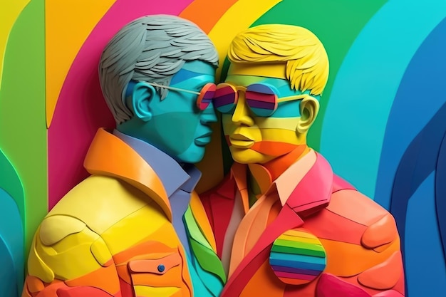 プライド月間の紙アート スタイルで抱き合うゲイの男性のイラスト ジェネレーティブ AI