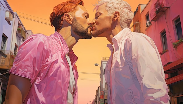 gay men kiss each other as they walk down the street in the style of light white and magenta