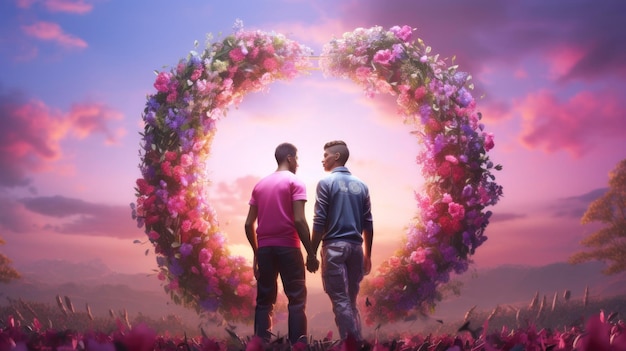 Gay men with wreaths and colorful paints on pink background