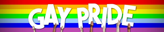 Gay pride banner human hands holding colorful letters